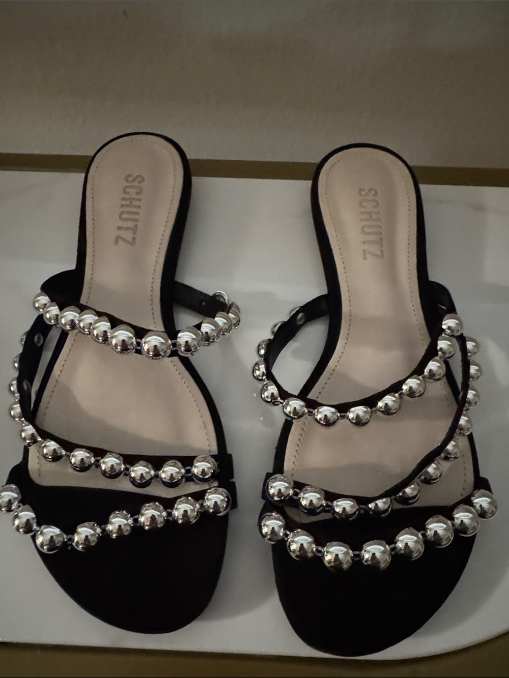 SCHUTZ Black Slide Sandals with Silver Bead Trim No box never worn - Picture 3 of 6